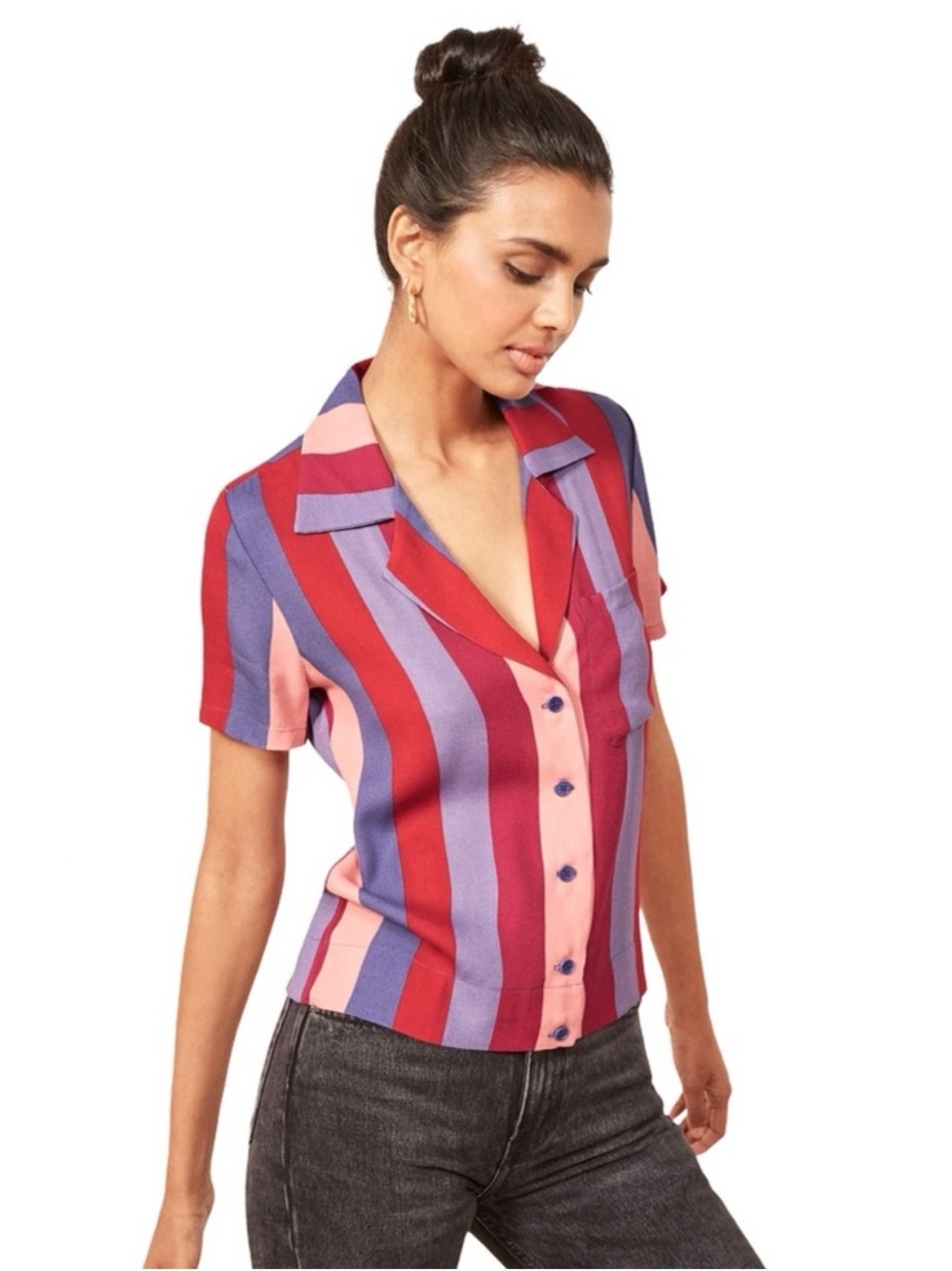Reformation Cuba Short Sleeve Button Up Shirt Vertical Stripe Top Size Large